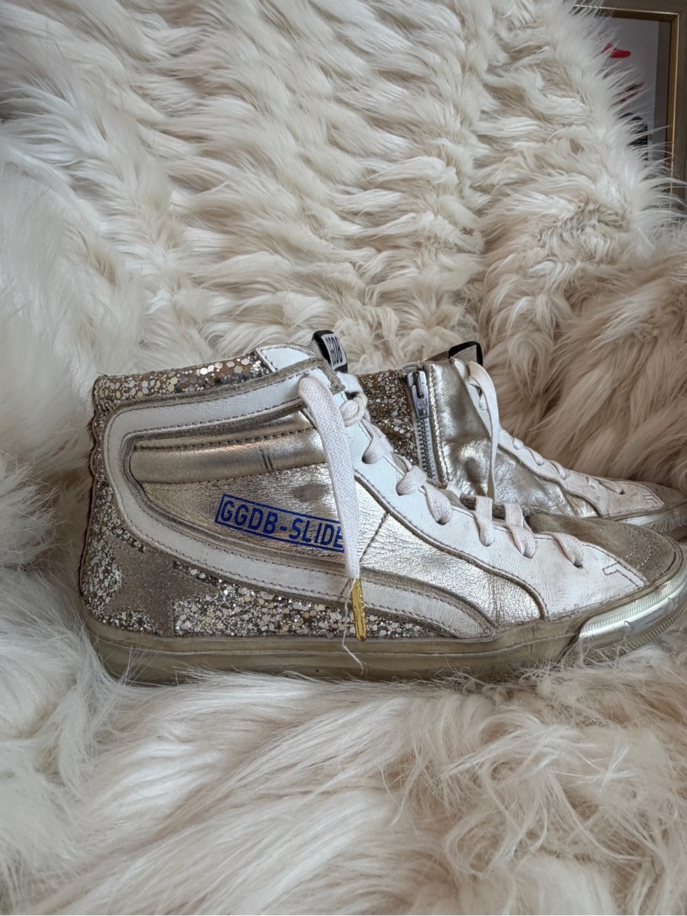 Golden Goose Slide High Top Sneakers Silver Glitter Leopard GGDB